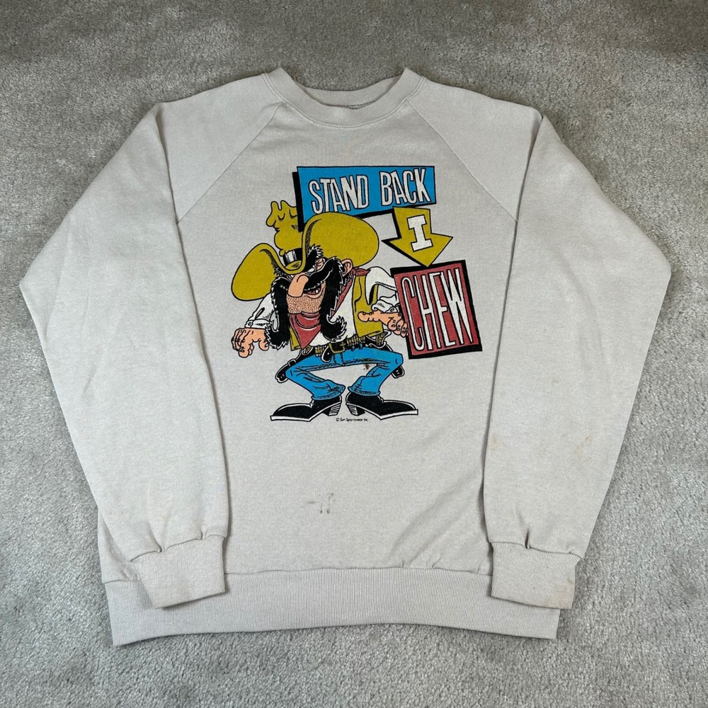Vintage 80s Sun Sportswear Sweatshirt Mens Large Gray Stand‎ Back I Chew Cowboy